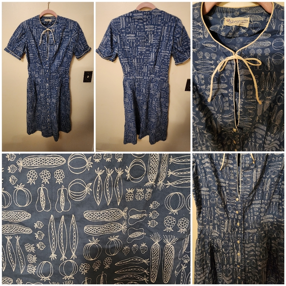 S/M True Vintage Garden Veggie Vegetable Fruit Novelty Print Dress 60s 50s